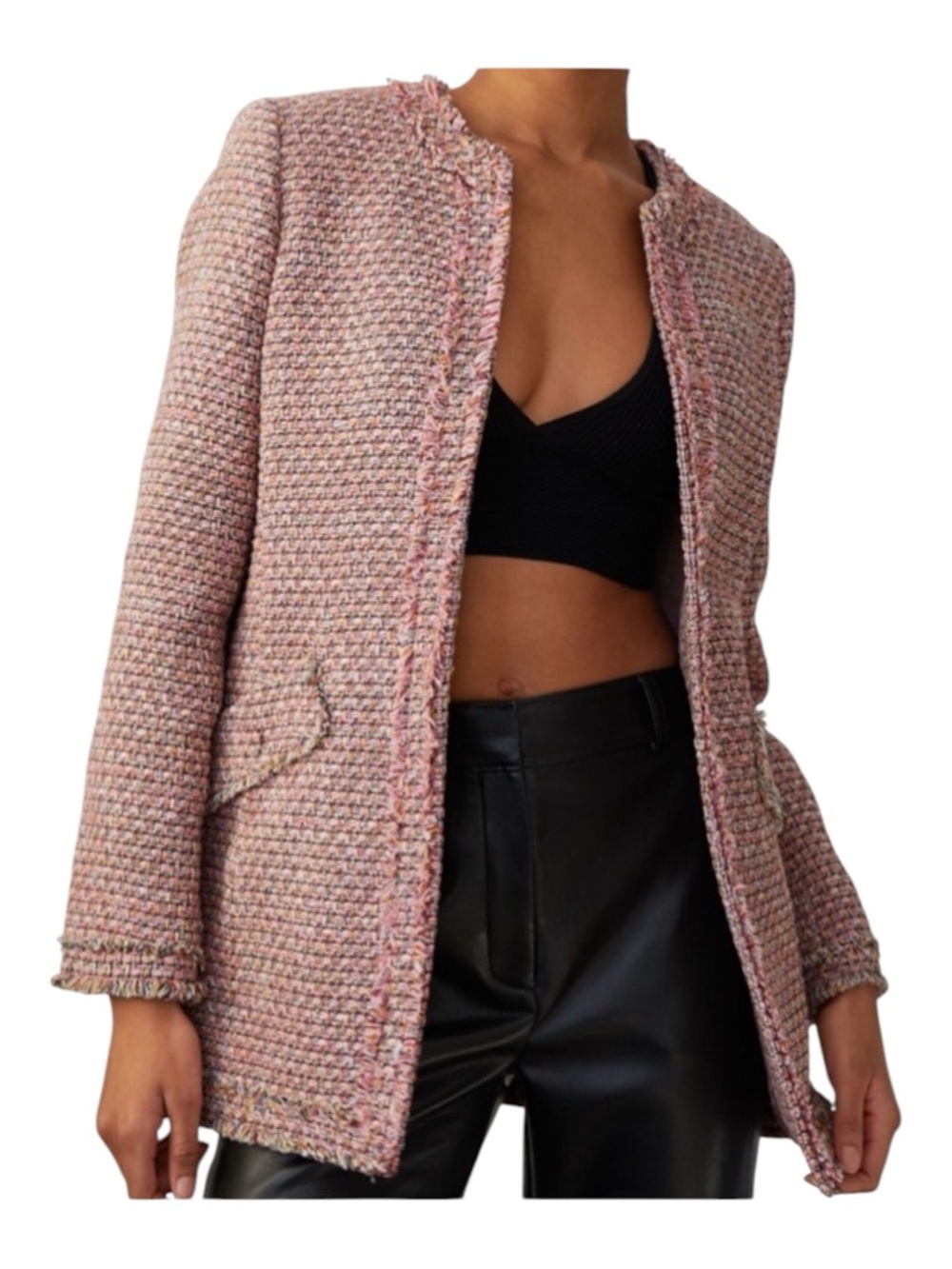 Babaton Tweed Blazer Times Open Pink Multi Bouclé Jacket Frayed Trim XS